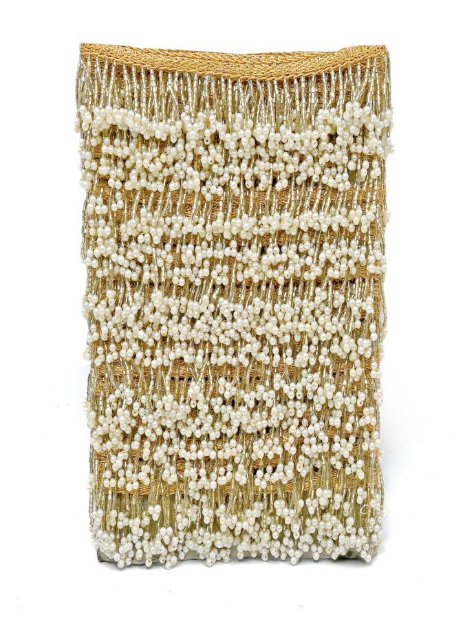 DaSync دانتيل لؤلؤي من داسينك، وأقمشة حواف متدلية بلون كريمي، وشرابات لاتكان، وخرز ذهبي، وأقمشة دانتيل وحواف، وفساتين وبلوزات وشالات وساري وبلوزات وتنانير وستائر بطول 9 أمتار. - Image 1